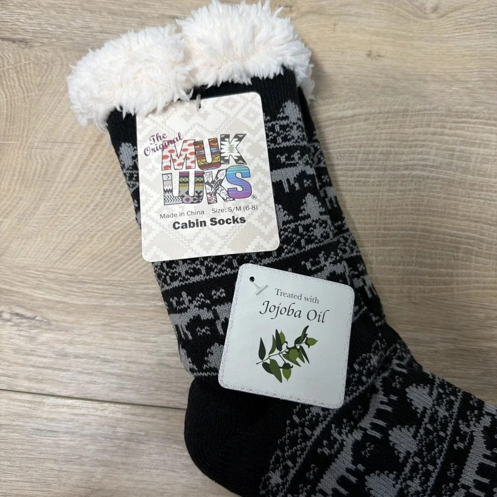 MUK LUKS Womens Cabin Socks Size S/M 6-8 Black Fair Isle Jojoba Infused NWT